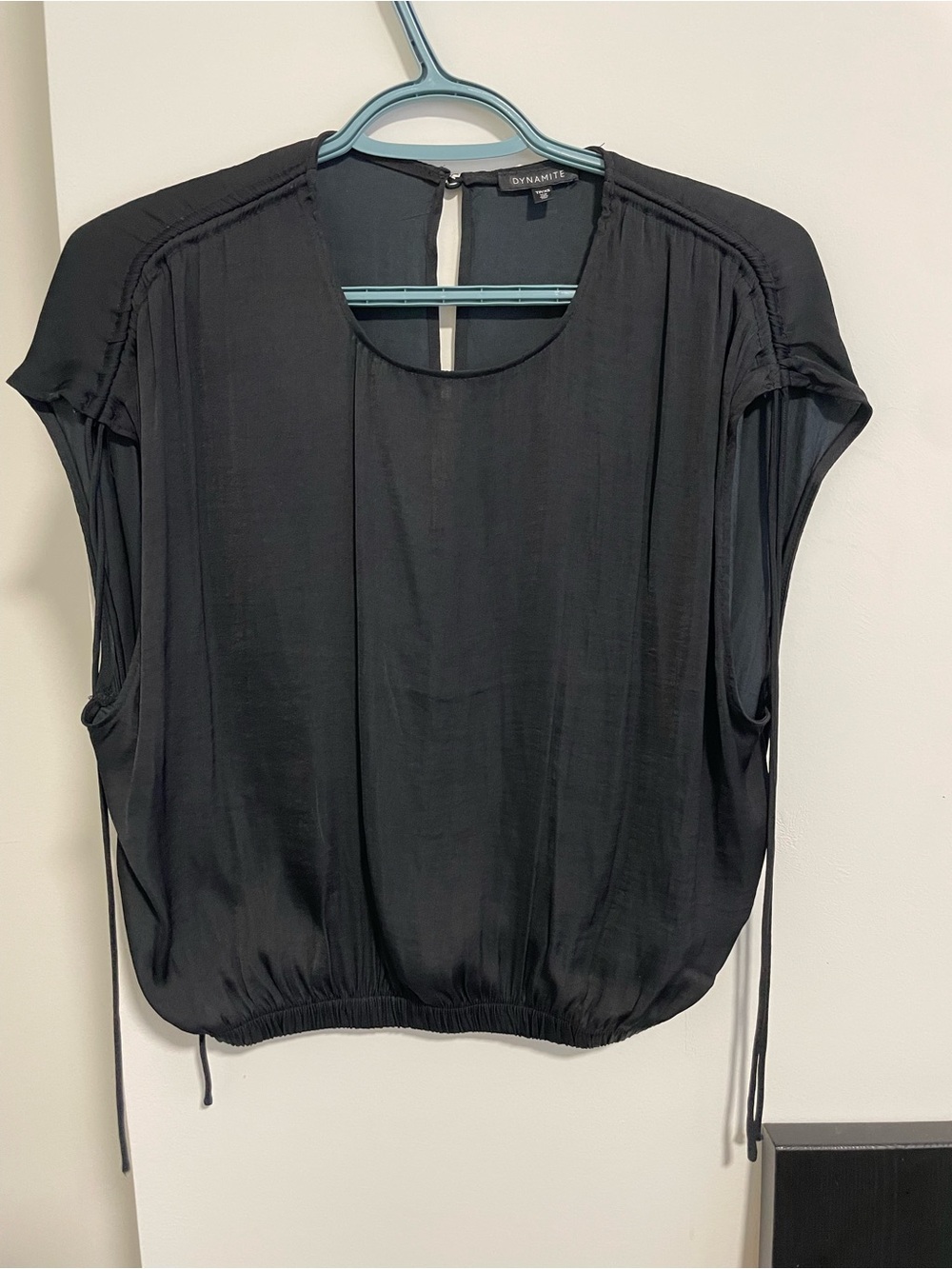 Dynamite Black Short Sleeve Blouson Top with Tie Details
